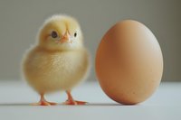 Adorable yellow baby chick standing next to brown chicken egg on white surface against neutral background, showing size comparison and new life concept.