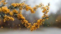 Golden mimosa branches forming heart shape with floating petals against soft blurred background. Romantic spring floral arrangement for Valentine's Day cards.