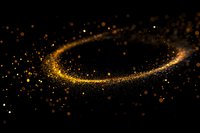 Magical golden glitter trail with sparkling particles swirling in spiral motion against black background, creating ethereal light effect for luxury designs.