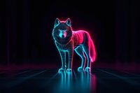 Glowing neon wolf silhouette with blue and pink lighting effects on dark background, digital art style representation creating futuristic cyberpunk atmosphere.