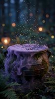 Magical glowing particles burst from moss-covered stone cauldron with purple smoke in enchanted forest setting, perfect for fantasy and mystical themed projects.