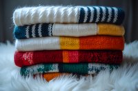 Cozy stack of folded knit sweaters in warm autumn colors displayed on soft white fur texture for seasonal fashion styling.