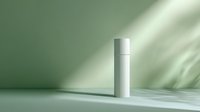 White cylindrical cosmetic bottle on mint green background with soft shadow and light effect, minimal product photography style for beauty and skincare marketing.