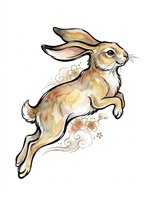 Jumping rabbit with flowing ears and decorative floral elements, isolated on transparent background. Ready for t-shirt design, clipart, stickers, sublimation, and print-on-demand products.