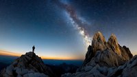Silhouette of hiker standing on mountain peak under starry night sky with Milky Way galaxy and dramatic rock formations at sunset in wilderness landscape.