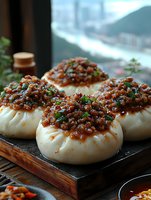 Steamed buns topped with savory meat sauce and herbs served on wooden tray in restaurant setting for authentic Asian cuisine dining experience.