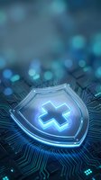 Digital healthcare security shield with glowing medical cross symbol on futuristic circuit board background for cybersecurity and data protection concepts.