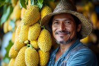 Asian farmer with straw hat smiling next to fresh jackfruit harvest on tree, wearing blue shirt, showing authentic farming lifestyle and sustainable agriculture.
