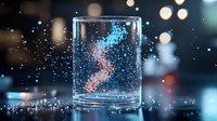 Glowing DNA helix structure floating in glass container with sparkles and bokeh lights, scientific concept visualization on dark background for genetics research.
