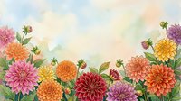 Colorful dahlia flowers border with vibrant blooms in pink, orange, yellow and purple creating decorative frame on watercolor background for greeting cards.