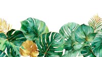 Watercolor tropical leaves composition with monstera and palm fronds in green and gold tones on white background, perfect for botanical designs.