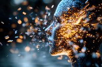 Digital profile with glowing particles and sparks creating ethereal effect against dark background, representing artificial intelligence and technological advancement.
