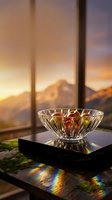 Crystal glass bowl with fruits on a reflective table, rainbow light refractions, warm sunset mountain view through window in background.