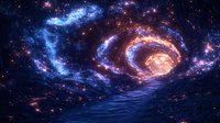 Cosmic ocean waves reflect mysterious spiral galaxy in deep space, creating surreal seascape with glowing nebula and starry night sky in vibrant blue and purple colors.