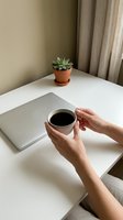 Woman hands holding coffee cup at white desk with laptop and succulent plant for remote work morning routine and home office productivity.