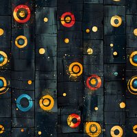 Abstract geometric pattern with colorful circular shapes on dark background, featuring red, yellow and blue rings scattered among glowing dots and textured lines.