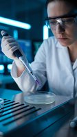 Female scientist in white lab coat and safety glasses conducting research with pipette and petri dish in modern laboratory with blue neon lighting, suitable for biotech, medical research, and science education content.