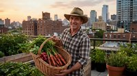 Male farmer in checkered shirt and straw hat holding basket of fresh carrots on urban rooftop garden at sunset with city skyline background.