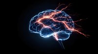 Glowing blue brain with orange lightning bolt energy passing through neural pathways on dark background, representing power of mind and cognitive function.
