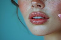 Close-up of glossy pink lips and freckled skin against turquoise background, showing natural beauty and facial features in macro photography detail.