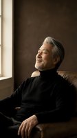 Mature Asian man with gray hair relaxing peacefully on leather sofa with eyes closed, wearing black turtleneck sweater in warm sunlit living room.