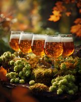 Row of craft beer glasses with amber ale surrounded by fresh hops and moss against autumn foliage background.