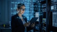 Professional female data scientist analyzing complex mathematical formulas on tablet in modern server room with holographic displays and advanced technology.