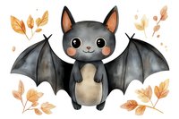 Cute bat character with big eyes and wings spread, surrounded by autumn leaves on white background.