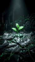 Green plant seedling growing from financial charts and graphs symbolizing sustainable investment and eco-friendly business growth in dark atmosphere.