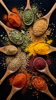 Colorful spices and herbs in wooden spoons arranged on dark background for culinary cooking and seasoning recipes.
