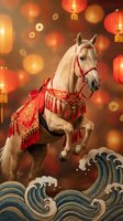 White horse in ornate red harness with golden tassels leaping over stylized waves amid glowing red lanterns and coins for lunar new year celebrations.
