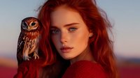 Young woman with vibrant red hair and blue eyes wearing red sweater poses with brown owl on shoulder against blurred sunset background, mystical atmospheric portrait.