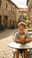 Happy young Caucasian boy enjoying fresh orange juice at outdoor cafe table in charming cobblestone street with warm string lights and historic stone buildings.