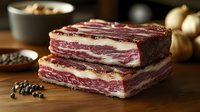 Raw marbled beef brisket slices with fat layers on wooden cutting board, fresh black peppercorns and garlic cloves in soft natural lighting.