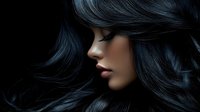 Young woman with flowing dark blue hair in motion against black background showcasing luxury hair care and beauty salon treatments for advertising.