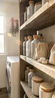 Organized laundry room with wooden shelves displaying eco-friendly cleaning products, glass bottles with cork lids, and natural linen storage bags.
