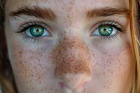 Close up of bright turquoise eyes and natural freckles on young woman's face with soft lighting highlighting facial features and natural beauty.