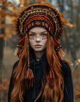 Young woman with red hair wearing ornate traditional headdress with tassels against autumn forest background. Ethnic folklore costume with face paint.