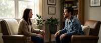 Young couple having serious conversation on leather sofa in cozy living room with natural lighting and plants creating intimate atmosphere for relationship discussion.