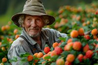 Senior Caucasian farmer with gray beard and hat smiling while harvesting fresh organic raspberries in garden. Natural lighting highlights ripe orange berries in focus.