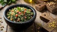 Fresh tabbouleh salad with parsley, tomatoes and bulgur wheat served in traditional stone mortar on rustic wooden table for healthy Mediterranean cuisine.