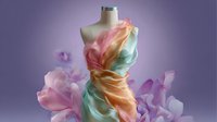 Elegant evening gown on mannequin with flowing pastel fabric in pink, mint and peach colors against purple background, fashion design concept for special occasions.