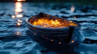 Glowing candle floating in wooden bowl on dark rippling water surface at dusk, creating mystical atmosphere with golden light reflections.