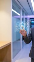 Businessman touching digital trust and security shield interface with blockchain network icons in modern office environment for cybersecurity solutions.