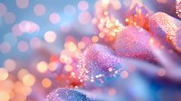 Glittering pink and gold flower petals with dew drops against blurred bokeh background, creating dreamy romantic atmosphere for wedding or celebration designs.