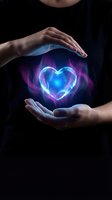 Protective hands surrounding glowing blue heart with purple energy aura on dark background symbolizing love care and emotional protection.