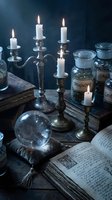 Witchcraft altar setup with lit candles in antique candelabra, crystal ball, spell books, and labeled herb jars on dark wooden surface against moody blue background.