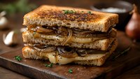 Grilled sandwich with melted cheese, caramelized onions and sautéed mushrooms on toasted bread, garnished with fresh herbs on wooden cutting board. Comfort food.