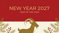 Lunar new year 2027 celebration design featuring golden goat silhouette with horns, red and cream background, decorative wheat and berry elements for festive holiday greeting cards and seasonal marketing.