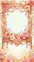 Ornate floral frame with pink roses, peonies, and heart motifs surrounded by gold scrollwork and decorative elements on cream background. Isolated design ready for wedding invitations, greeting cards, and romantic projects.